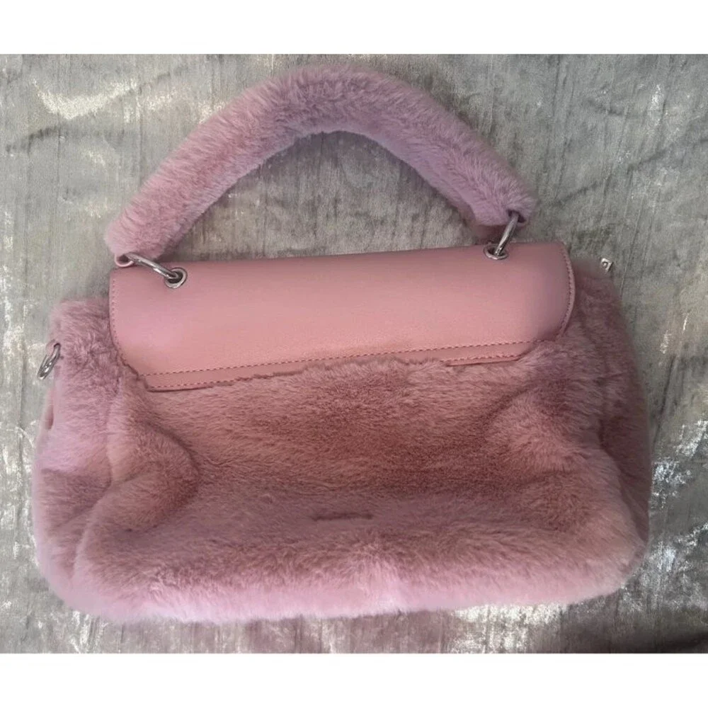 ALDO Pink Faux Fur Handbag Y2K Plush Top Handle Purse Silver Hardware